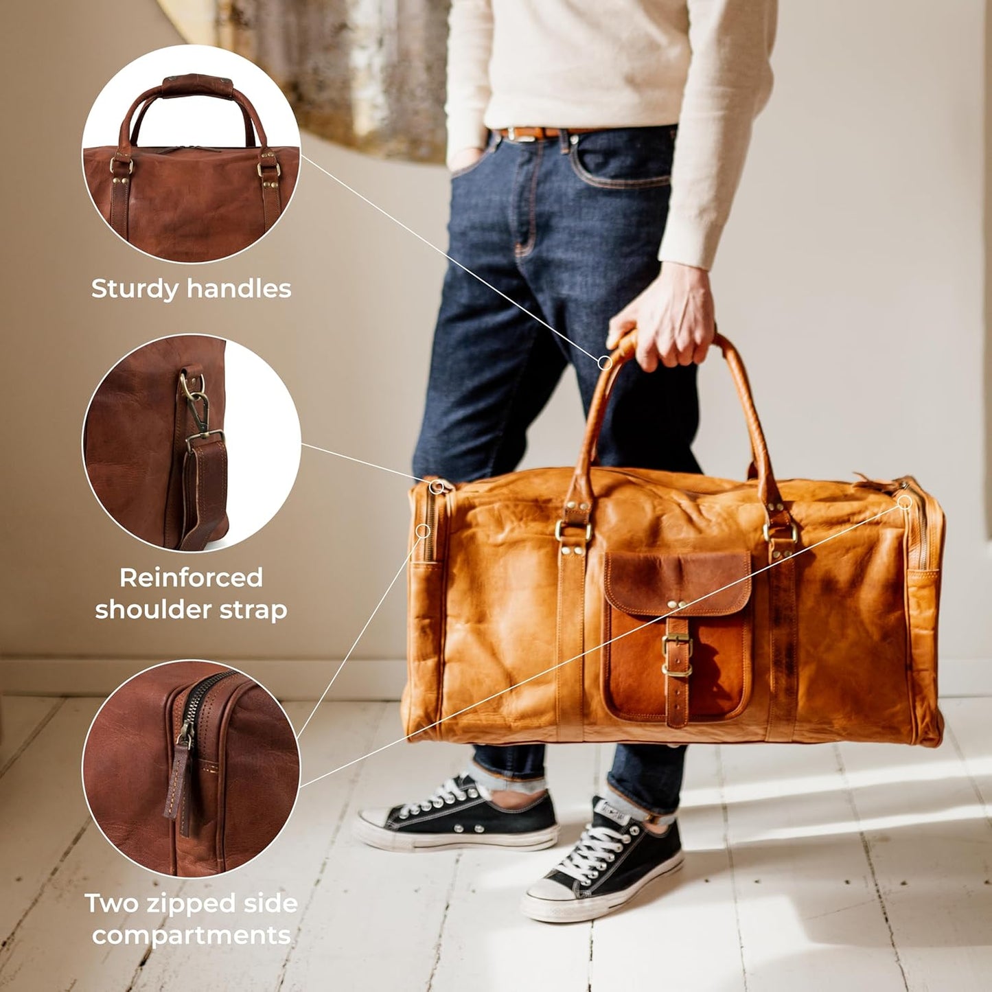 Berliner Bags Vintage Genuine Leather Duffle Bag New York XXL for Travel or the Gym, Weekender, Travel Bag, Overnight Bag for Men and Women - Brown