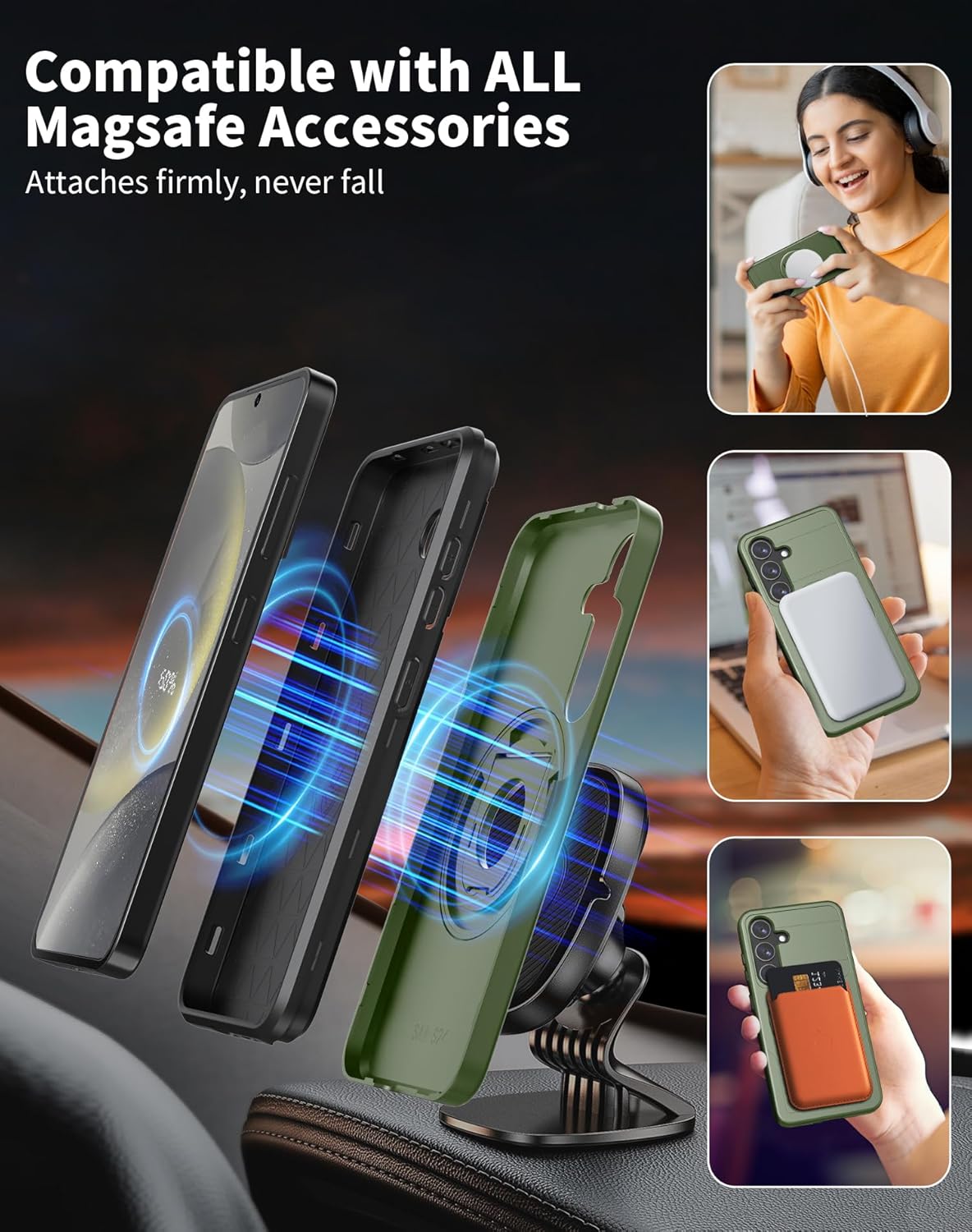 for Samsung Galaxy S24 Case Magnetic Compatible with MagSafe Wireless Charging,with Screen Protector,for S24 Phone Case with Kickstand Ring Anti-Scratch Shockproof Heavy Duty Protection Green