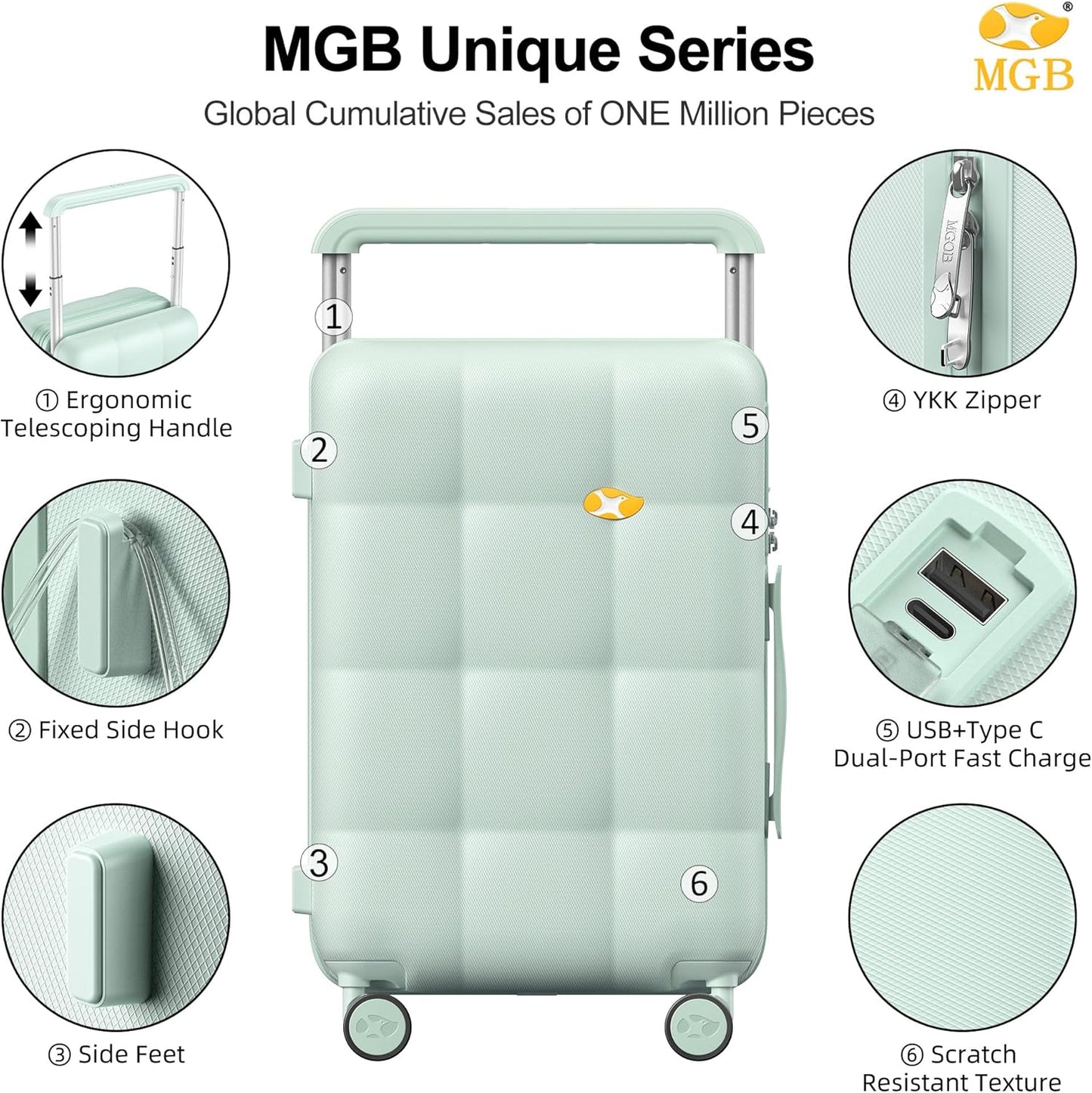 MGB Carry On Luggage Airline Approved 20'' Lightweight Luggage Wide Handle PC Hardshell Suitcases with Spinner Wheels & TSA Lock, Aquamarine