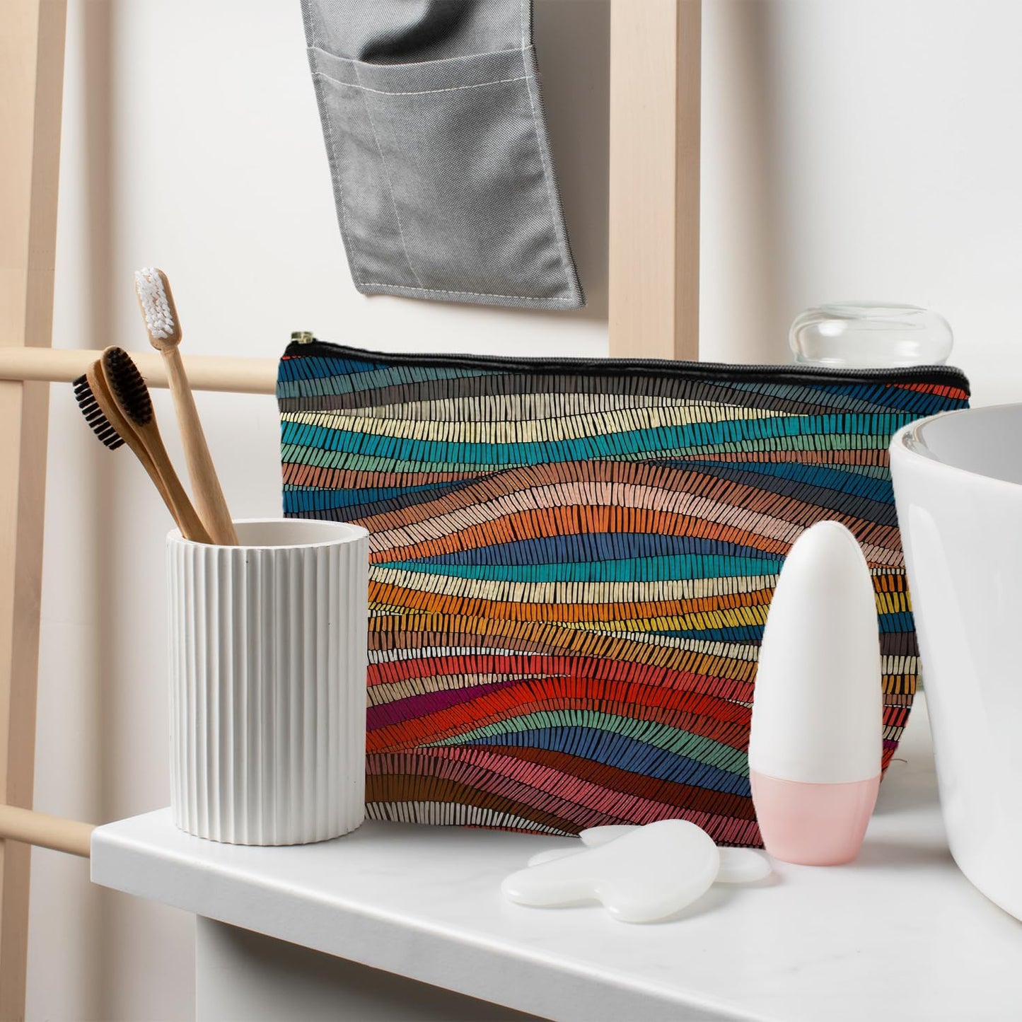 70s Retro Colorful Wavy Makeup Organizer, Vintage Aesthetic Women's Makeup Bag