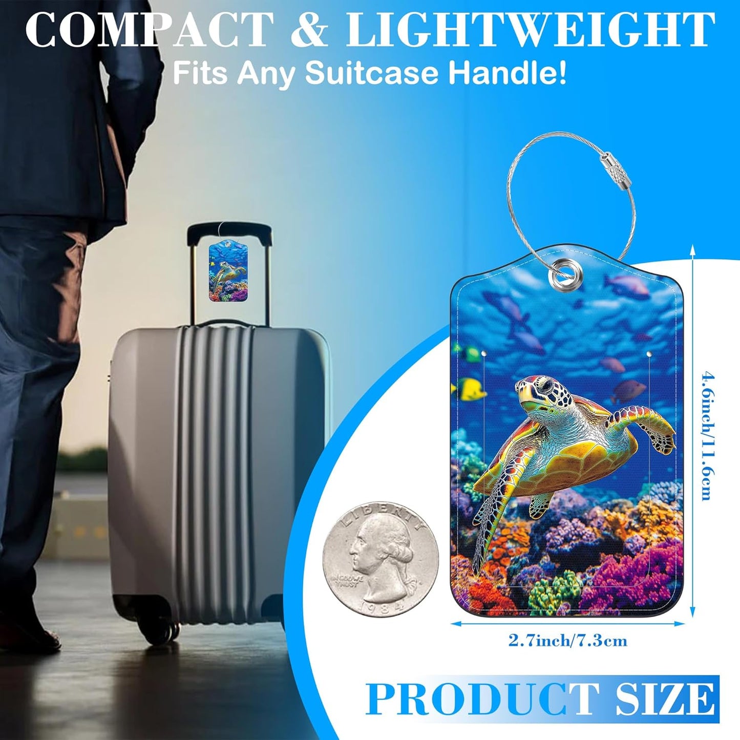 2 Pcs Luggage Tags for Suitcases, Sea Turtle Leather Bag Tags for Luggage Privacy Cover Name ID Label with Stainless Steel Loop Cruise Airport Travel Essentials