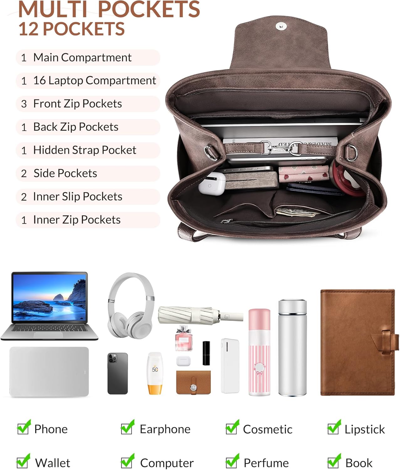 Laptop Bag for Women Designer Leather Laptop Backpack Purse, 16 inch Computer Tote Bags for Work Travel with Satchel Purse Coffee