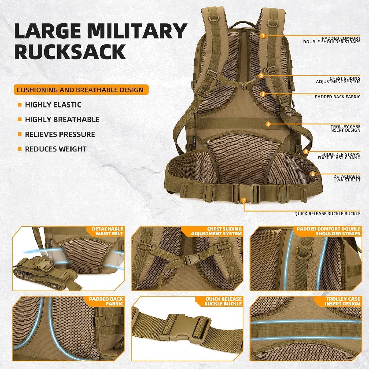 50L Military Tactical Backpack 3 Day Assault Pack Molle Daypack Hiking Backpack for Men and Women