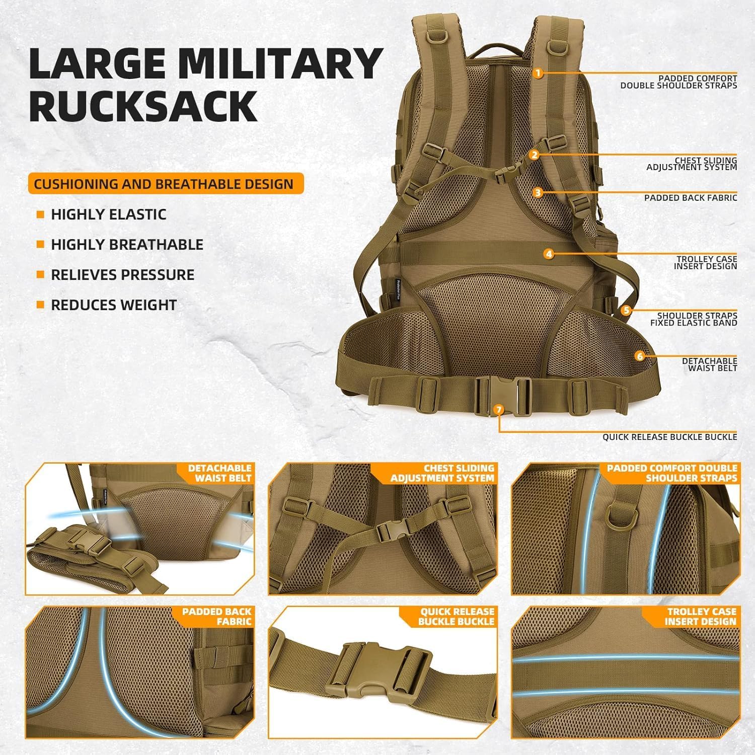 50L Military Tactical Backpack 3 Day Assault Pack Molle Daypack Hiking Backpack for Men and Women