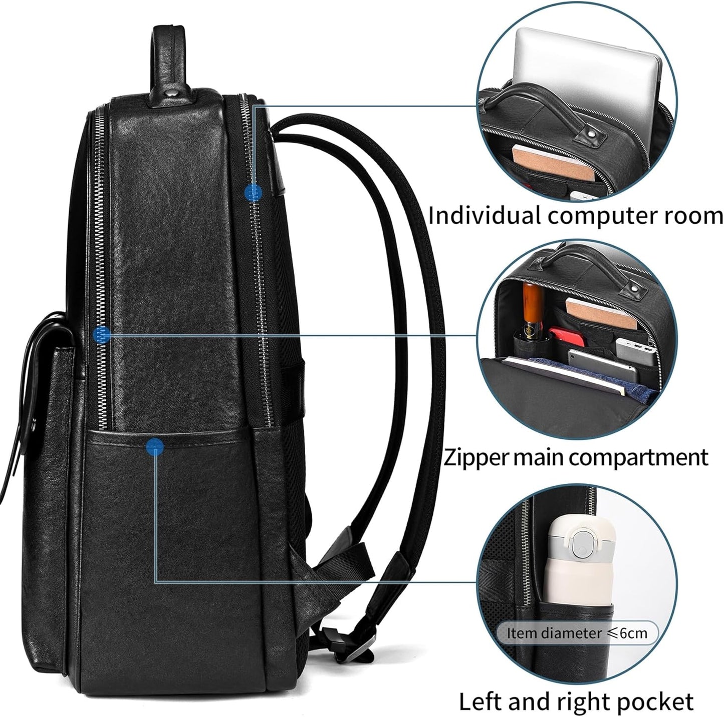 Men's Black Leather Backpack, Durable Genuine Leather Laptop Backpack for Work Travel, Business 15.6" Computer Backpack, Stylish Professional Designer