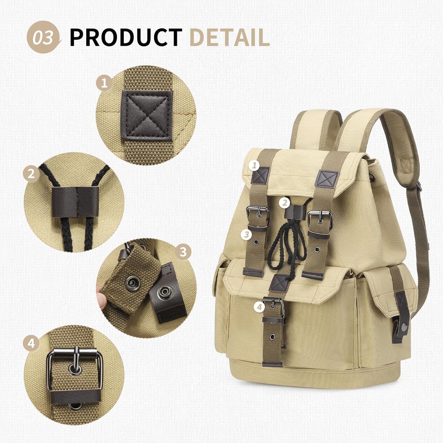 Vintage Canvas Backpack for Men Women, Durable Casual Daypack, Large Capacity Travel Rucksack Fits for Hiking and Daily Use (Khaki)