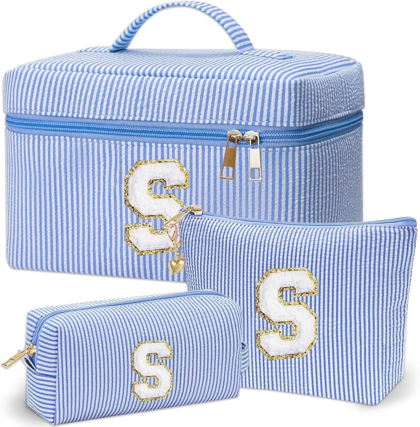 Personalized Monogram Makeup Bag, 3PCS Custom Monogrammed Toiletry Cosmetic Bag for 6-18 Teen Girls Women,Birthday Graduation Gifts Initial Pouch Makeup Bags for Women Girls, Make Up Bag (S, Blue)