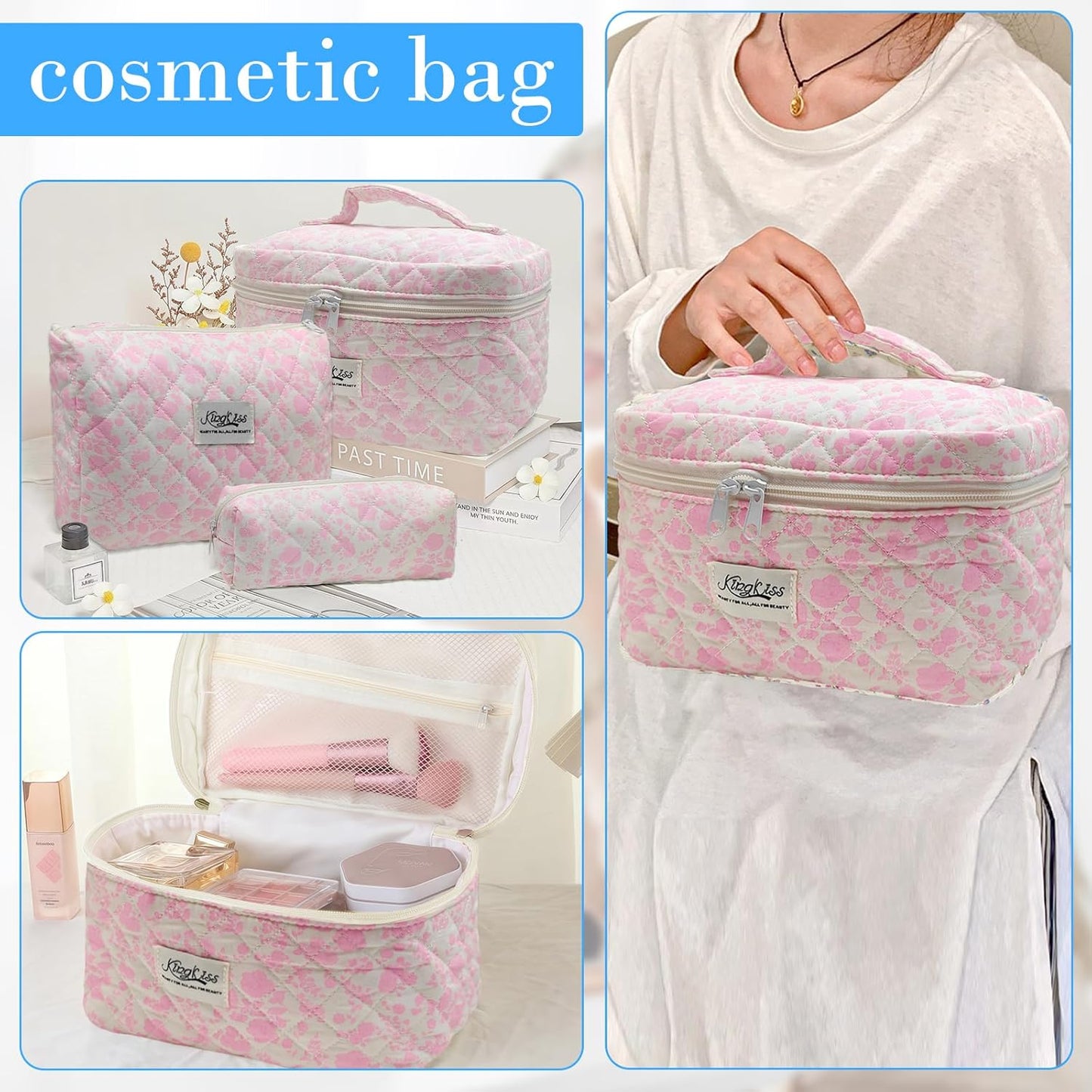 Quilted Makeup Bag, Large Capacity Travel Cosmetic Bag for Women and Girls, Aesthetic Storage for Daily and Travel Use (3pcs-Pink orchid)