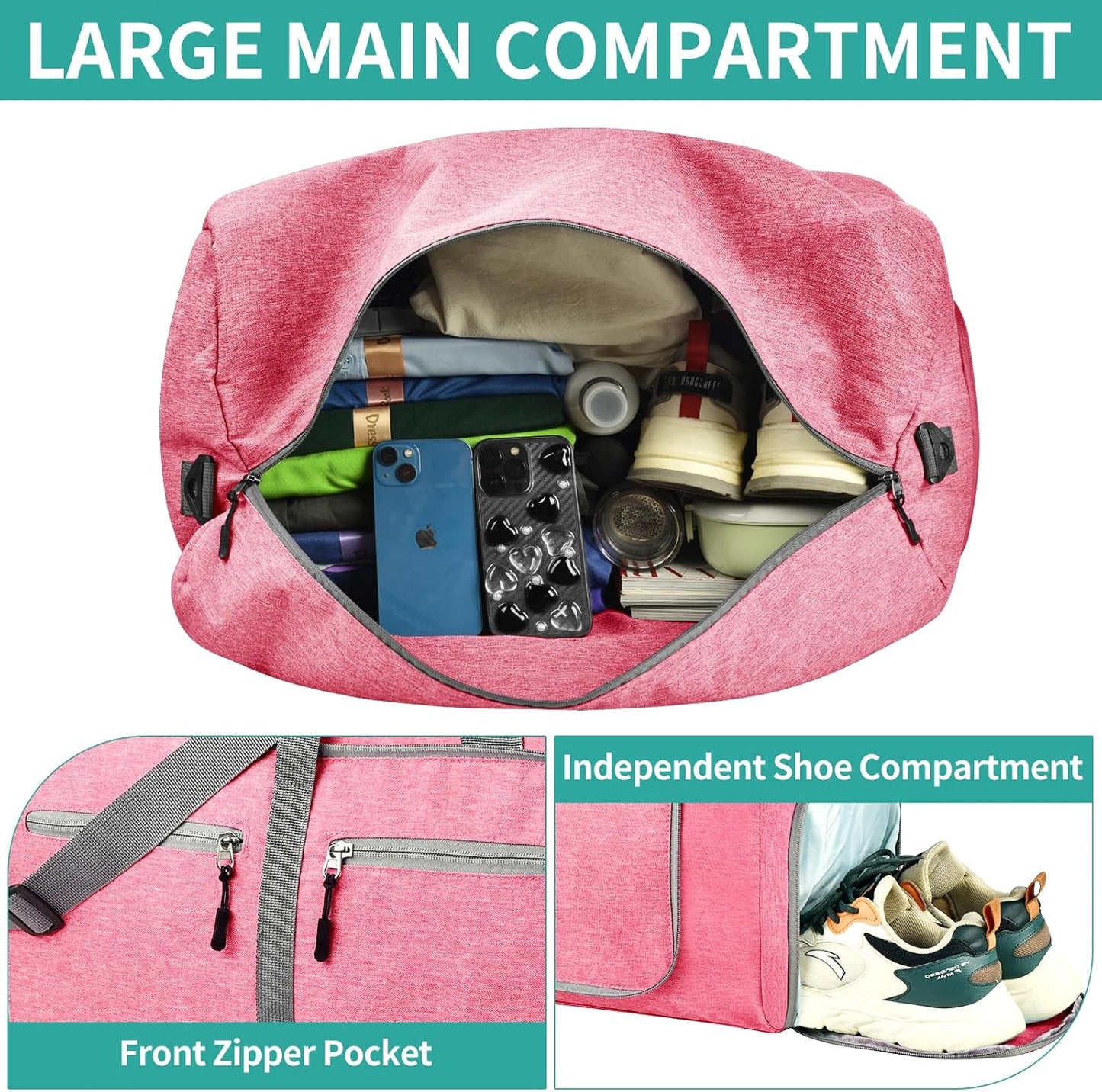 Dimayar 85L Travel Duffle Bag for Men Women - Foldable Duffel Bag with Shoes Compartment - Overnight Bags Waterproof & Tear Resistant(Pink)