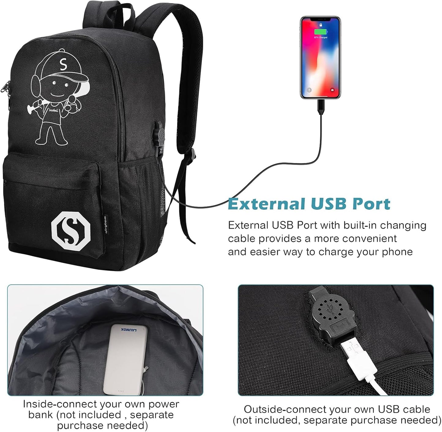 Kids Backpacks for Boys, Elementary School College Bookbag Lightweight Laptop Bag Baseball Anime Luminous Backpack with USB Charging Port, Anti Theft Lock and Pencil Case, Black