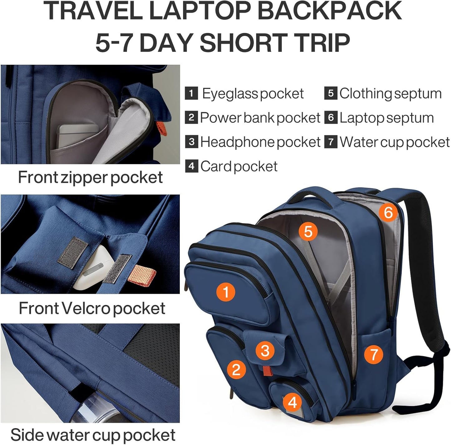 mixi Large Capacity Expandable Travel Backpack for Women & Men 15.6'' Laptop Carry On Weekender Bag Outdoor Hiking with Multifunction Pockets 180° Open Water Resistant 18 Inch 28L, Nautical Blue
