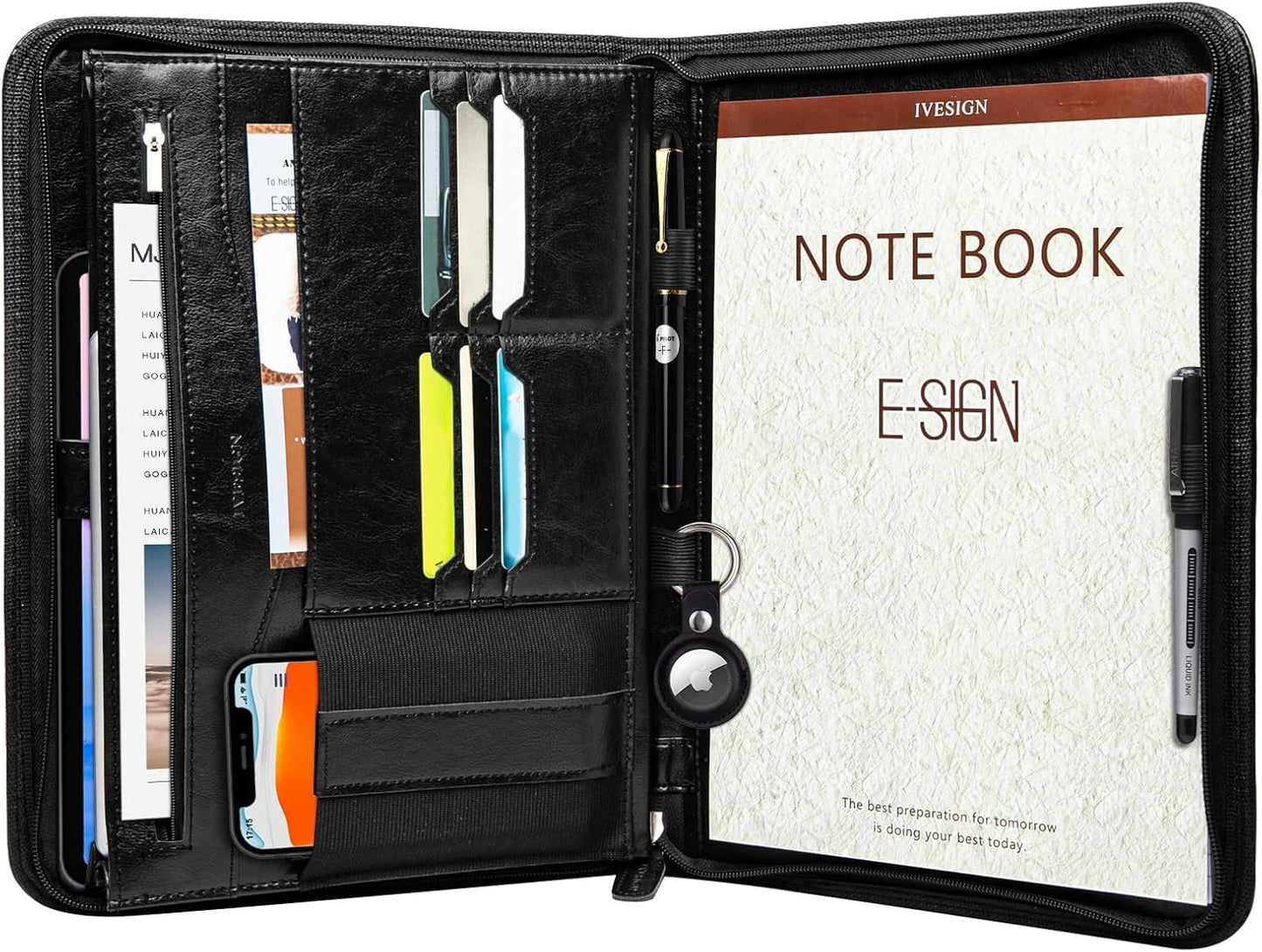 IVESIGN Zippered Padfolio for Women & Men Resume Portfolio Folder Vegan Leather Salesman Business Organizer Planner,with Writing Pad Interior 10.1 Inch Tablet Sleeve Black