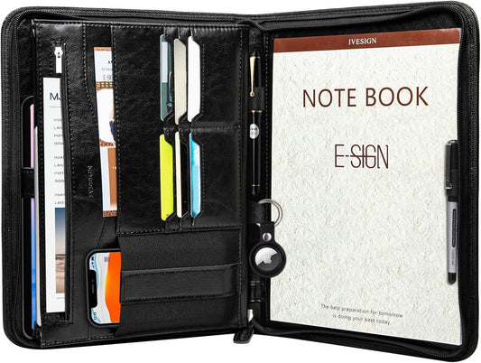 IVESIGN Zippered Padfolio for Women & Men Resume Portfolio Folder Vegan Leather Salesman Business Organizer Planner,with Writing Pad Interior 10.1 Inch Tablet Sleeve Black