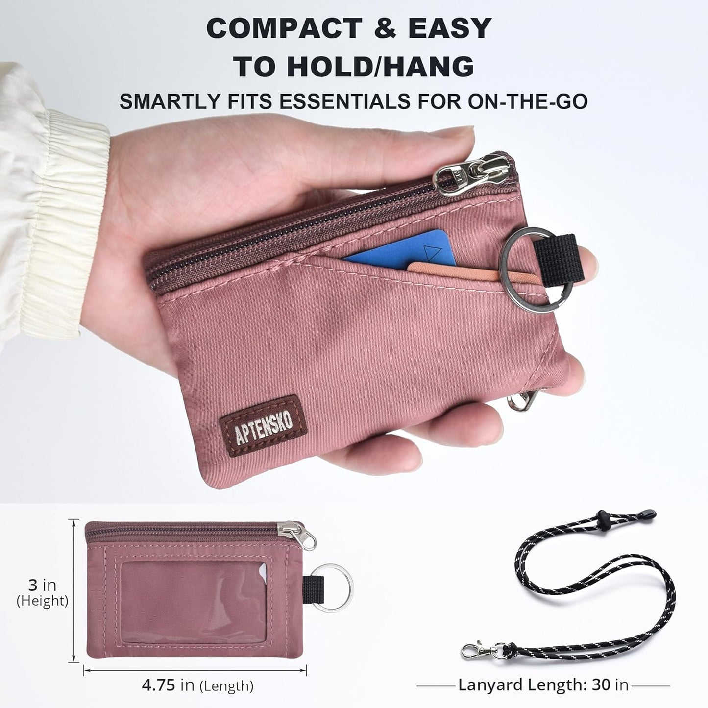RFID Travel Wallet with Adjustable Lanyard-Zipper Small Wallet with ID Card Holder, Keychain for women&men-Minimalist Slim Waterproof Nylon case for ID, Cash, Key (Warm Mauve)