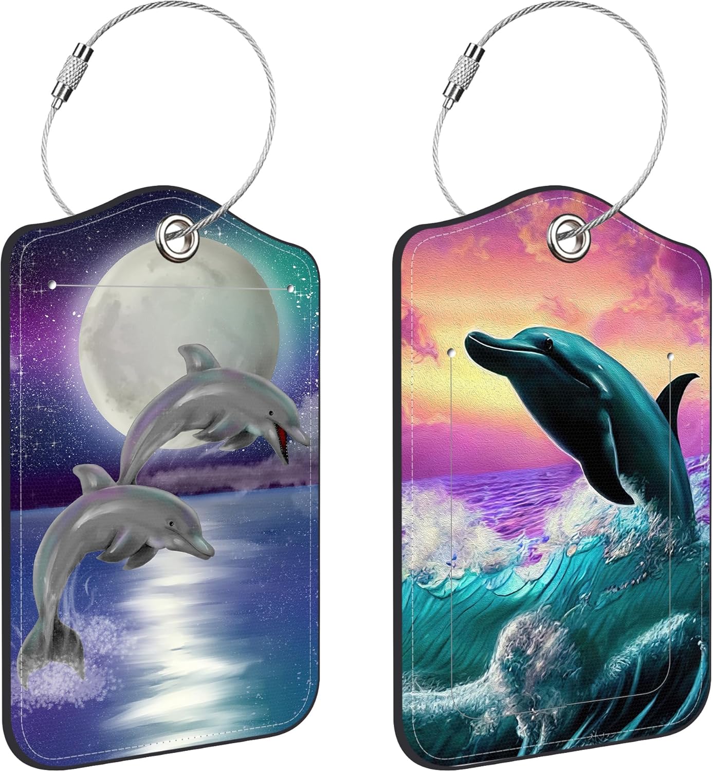 Moon Night and Jumping Dolphin Luggage Tags for Suitcases Leather Travel Tags for Luggage ID Label with Privacy Cover and Stainless Steel Loop for Men Women Suitcase Backpack, Set of 2
