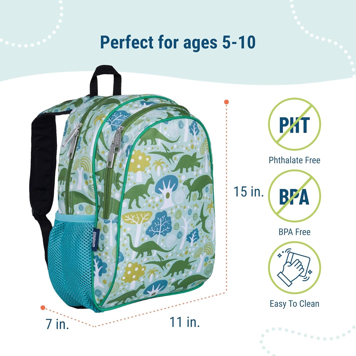 Wildkin 15-inch Kids Backpack – Durable, Padded, Adjustable for School & Travel - Dinomite Dinosaurs