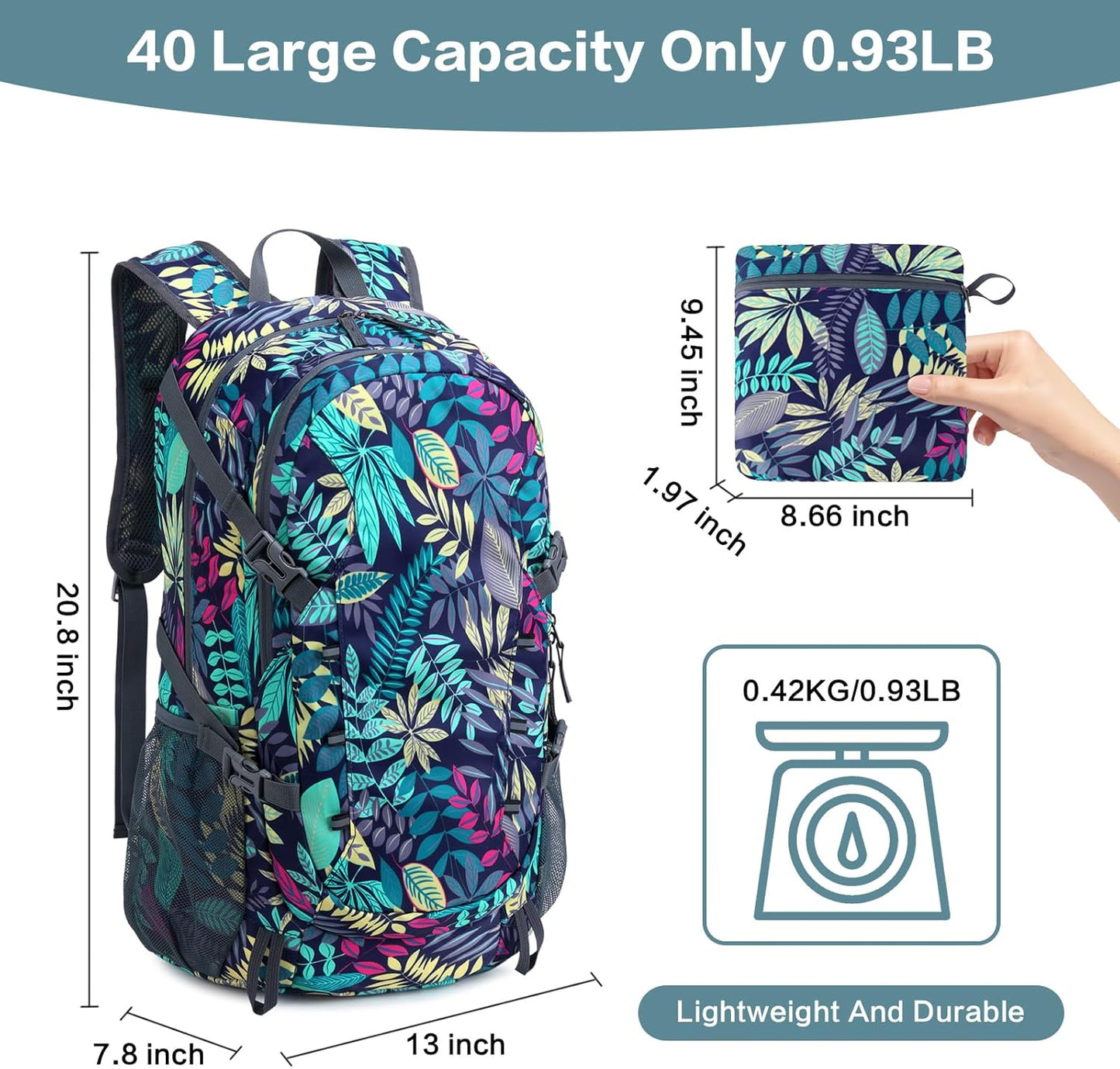 40L Hiking Backpack, Lightweight Foldable Hiking Daypack with Wet Pocket, Waterproof Travel Camping Bag for Men Women