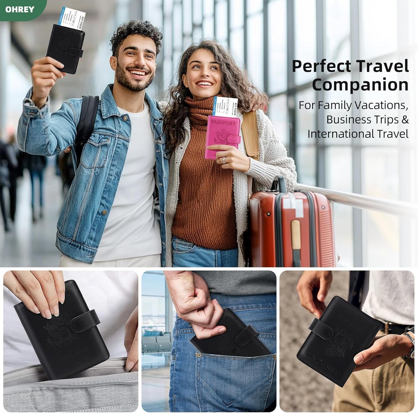 Passport Holder for Travel with Luggage Tag Cover – RFID Blocking Passport Wallet for Women & Men | Leather Passport Cover/Passport Case with Extra Money Pocket & Magnetic Clasp – Black