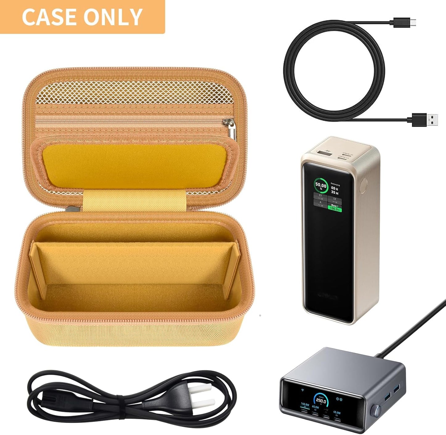 Case Compatible with Anker Prime Power Bank, 27,650mAh 3-Port 250W& for Prime USB C Charging Station, Storage Travel Holder for Anker Prime Charging Base, Portable Chargers, Cable-Gold (Box Only)