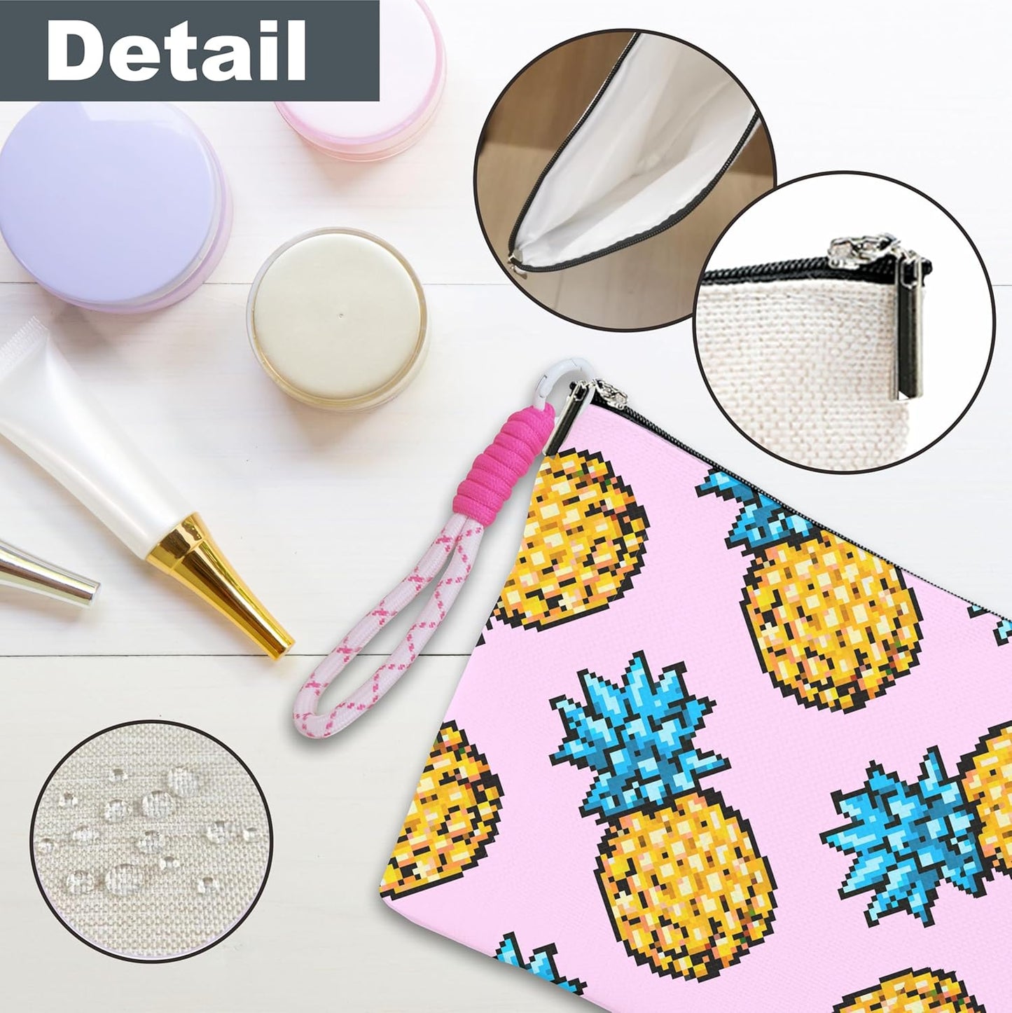 Pink Make Up Bag, Cosmetic Bag With Hand Strap- Pixel Pineapple - Lined Toiletry Bag For Woman - Travel Pouch, Organizer With Zipper, Women Essentials & Accessories - A11