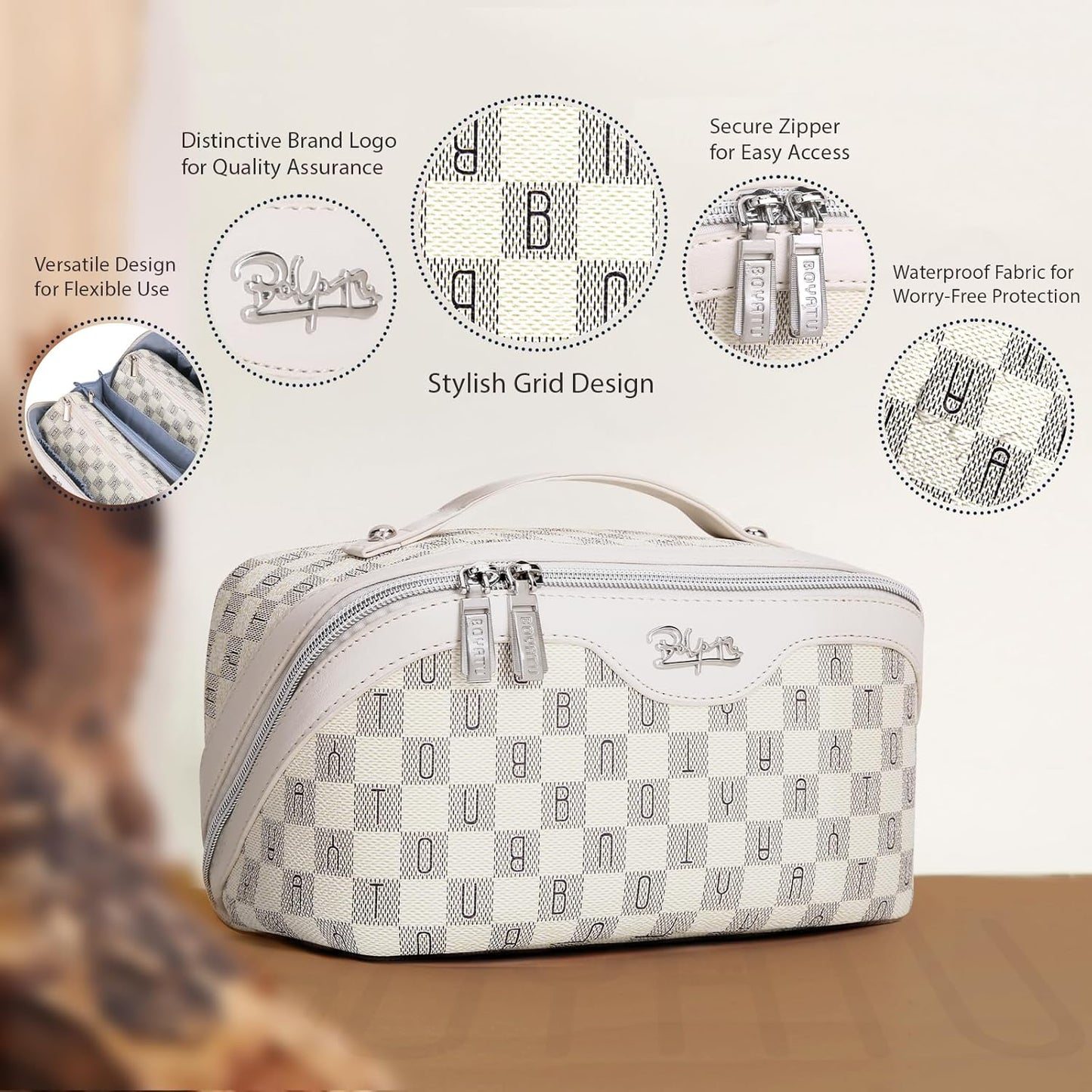 BOYATU Travel Makeup Bag Cosmetic Bags for Women: 3 Pcs Set Portable Make up Bag with Handle - Vegan Leather Toiletry Bags with Compartments - Makeup Organizer for Travel Essentials(C-4-Beige)