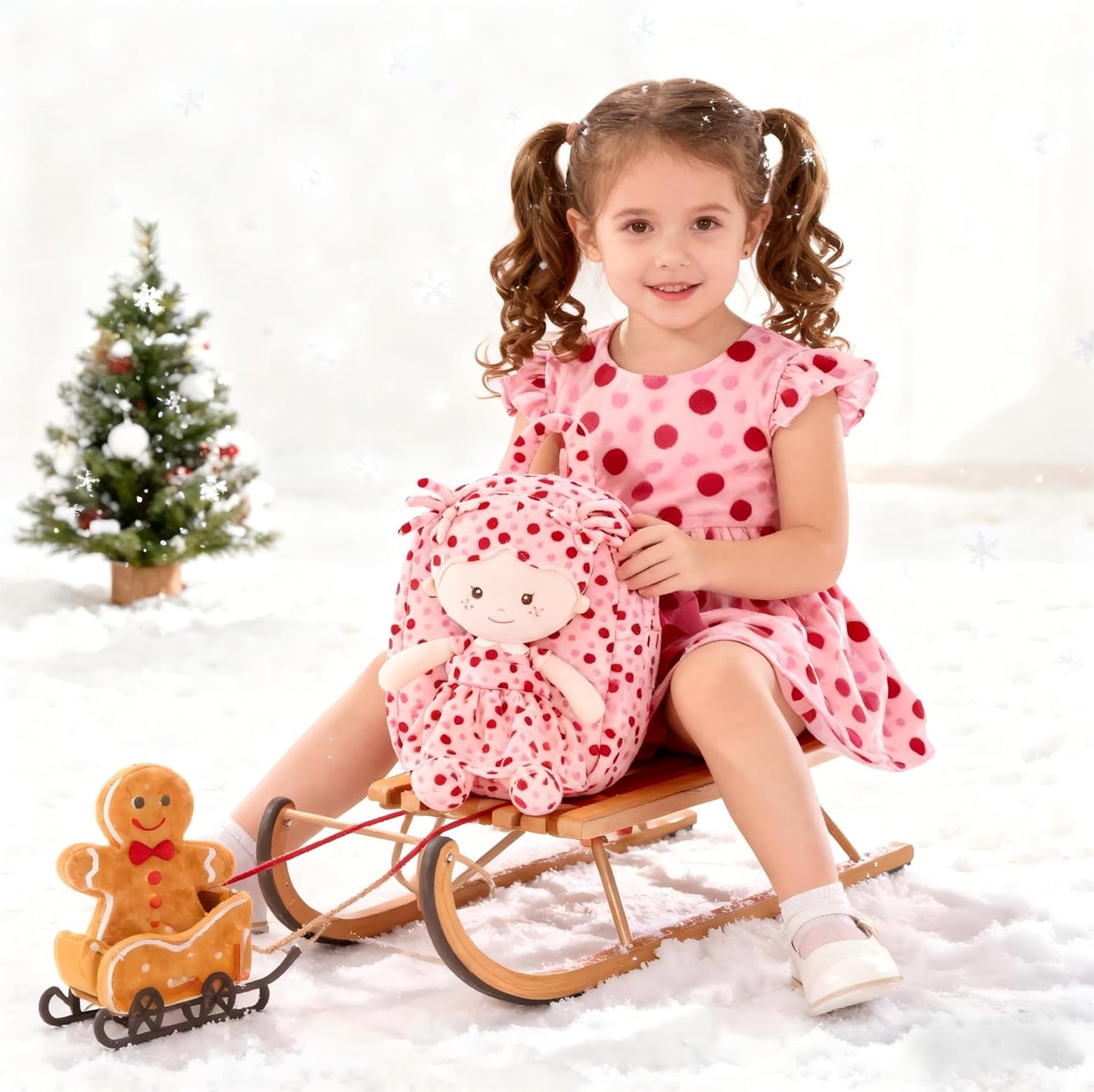 Onetoo Toddler Backpack Back to School Gifts for Girls Plush Backpack Kids Backpacks with Soft Light Baby Dolls in Red Polka Dots Dress 9"