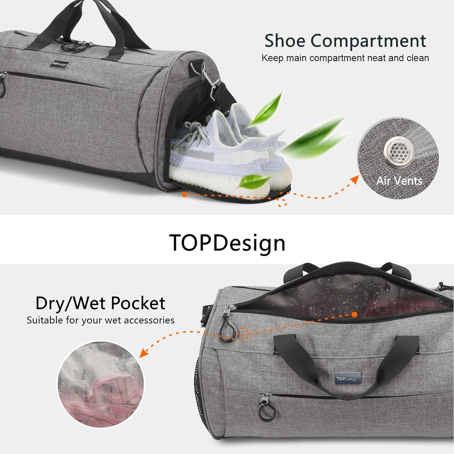 TOPDesign Gym Bag for Women, Duffel Bag with Shoe Compartment & Wet Pocket for Travel Sports (M