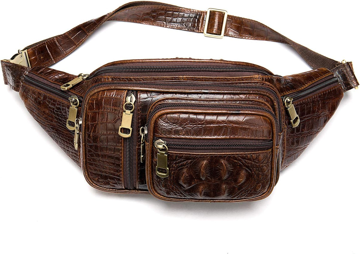 Genuine Leather Fanny Pack large capacity Crossbody Waist Bag with Zipper phone Pockets crocodile