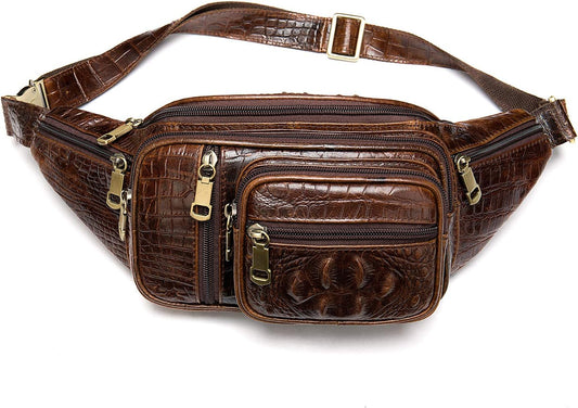 Genuine Leather Fanny Pack large capacity Crossbody Waist Bag with Zipper phone Pockets crocodile coffee