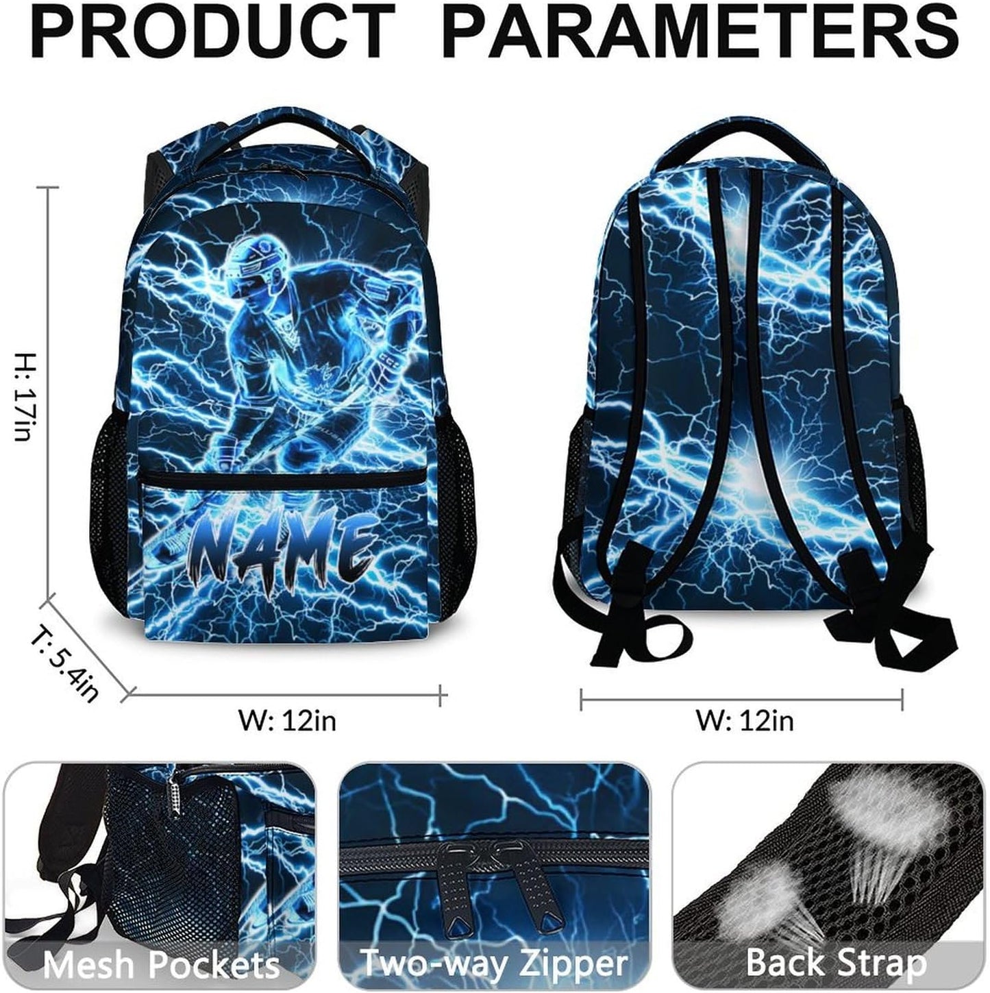 Personalized School Backpack for Kids Boys - 17 Inch Custom Ice Hockey Backpacks with Name for Kids Kindergarten Primary Senior Middle - Cool Durable Lightning Bookbag
