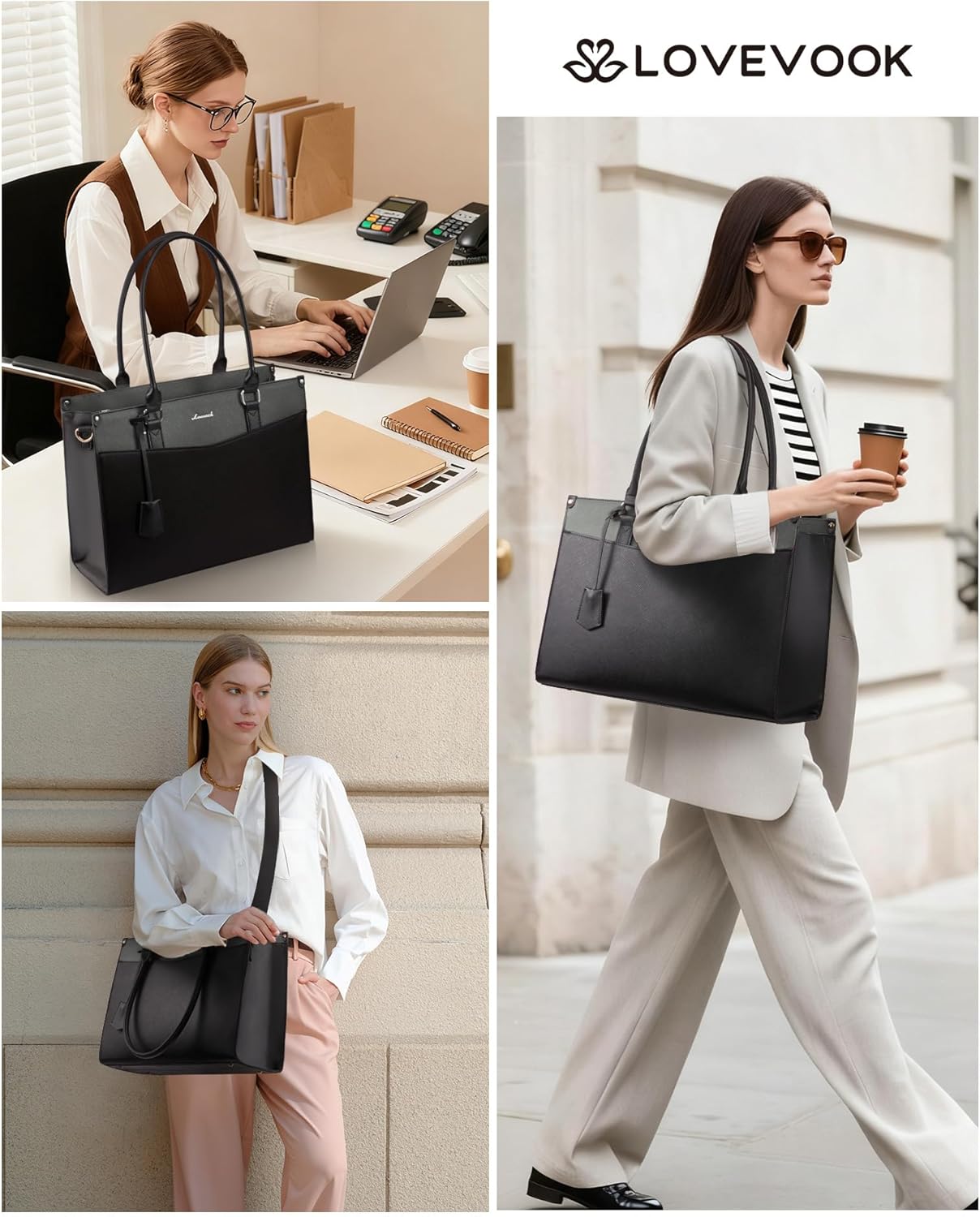 LOVEVOOK Laptop Bag for Women, 2-in-1 Tote Purse with Clutch & Cup Holder, Waterproof Briefcase for Work Travel