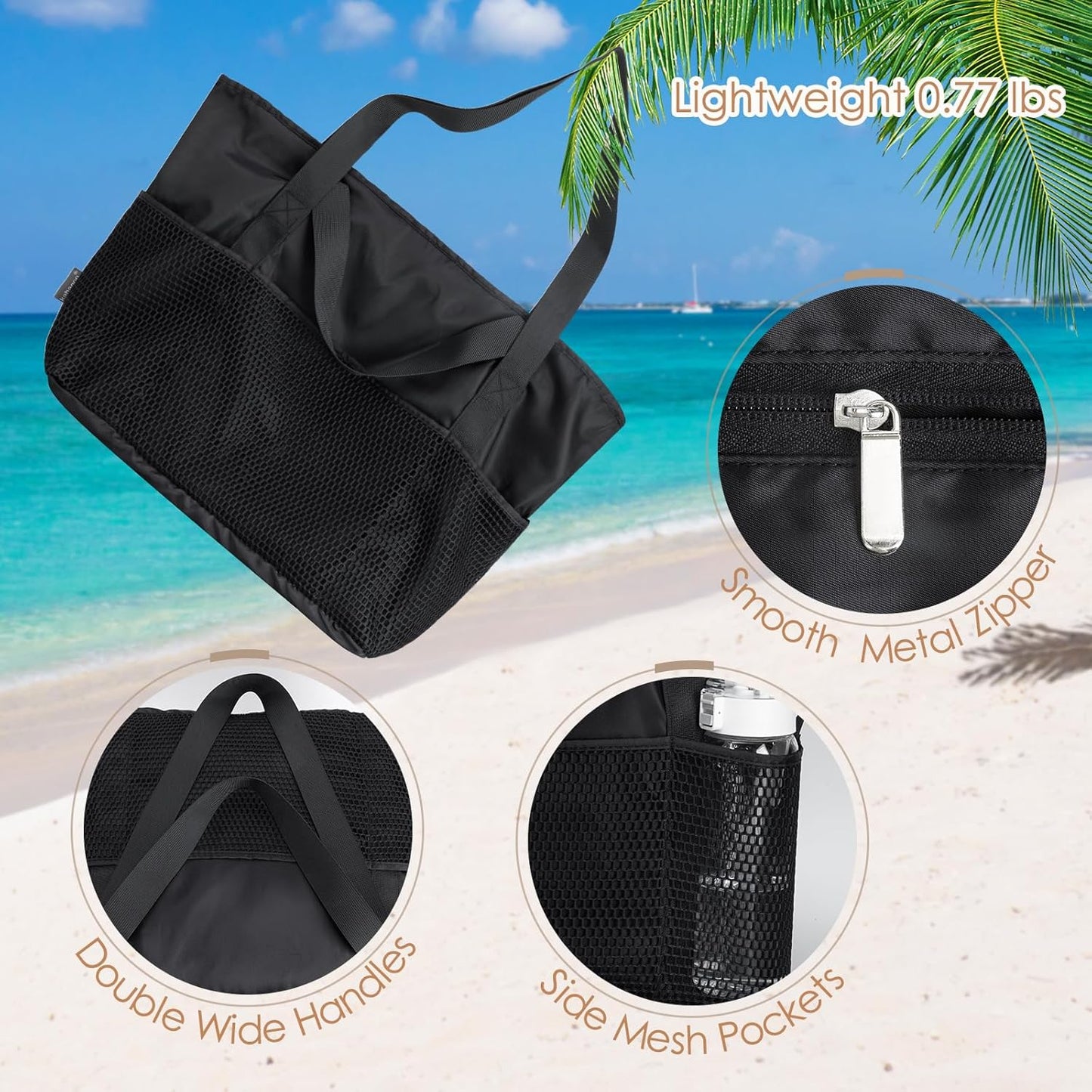 KABAQOO Large Beach Bag Waterproof Sandproof Tote Bag for Women with Zipper & Mesh Pockets for Pool Swim Travel Everyday