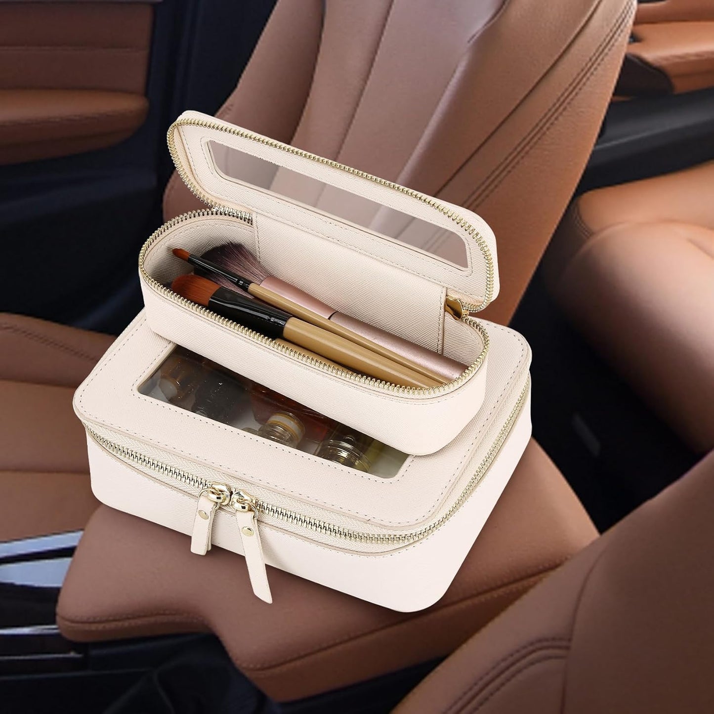 Clear Travel Makeup Bag with Brush Bag Portable Transparent Cosmetic Bag and Toiletry Bag Waterproof Clear Makeup Bag with Zipper Car Bag for Women (Beige, L+Slim)