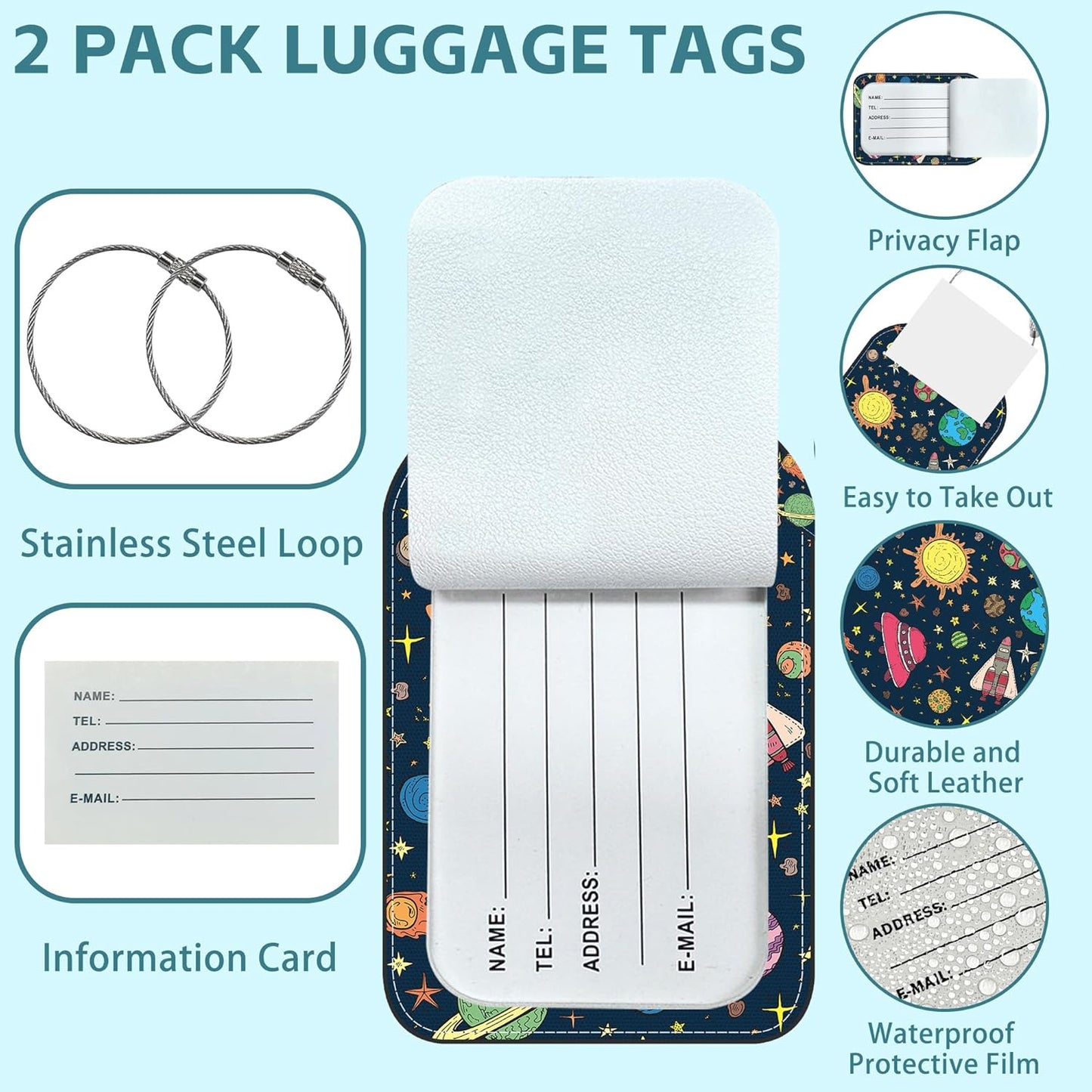 2 Pack Cute Luggage Tag for Suitcases Space Planets Leather Luggage Tags with Stainless Steel Loop Privacy Flap Name Tags,Men and Women Travel Bag Suitcase Tags