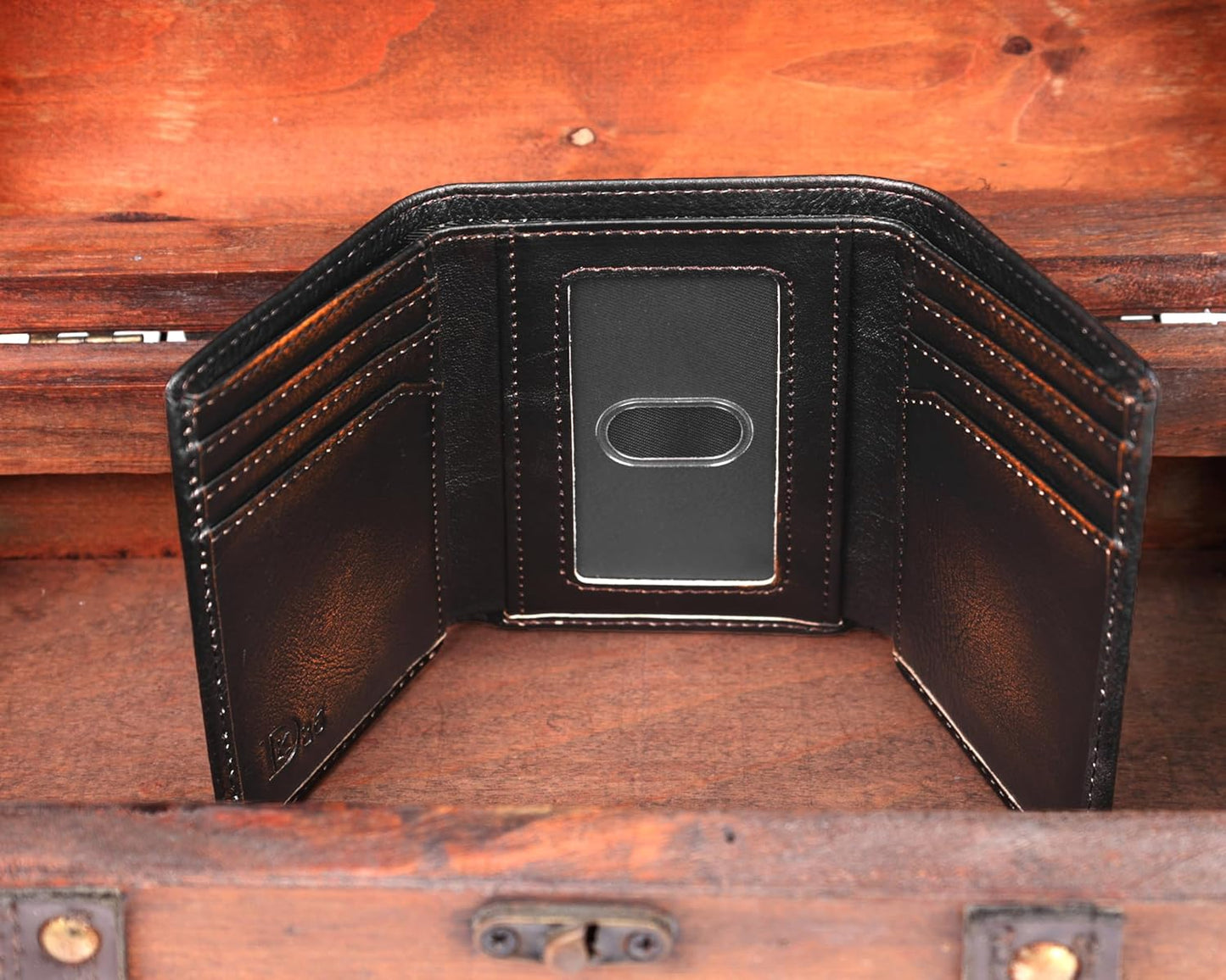 DK86 Skull Trifold Wallets for Men Full Grain Leather with Hand Burnished Tri-Fold Wallet RFID Blocking (Black and Brown: Style B)