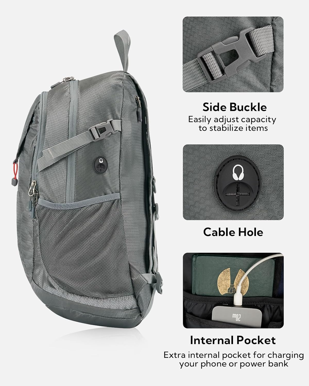 WATERFLY Lightweight Packable Hiking Backpack: 30L Foldable Travel Daypack Ultralight Camping Day Pack for Woman Man Grey