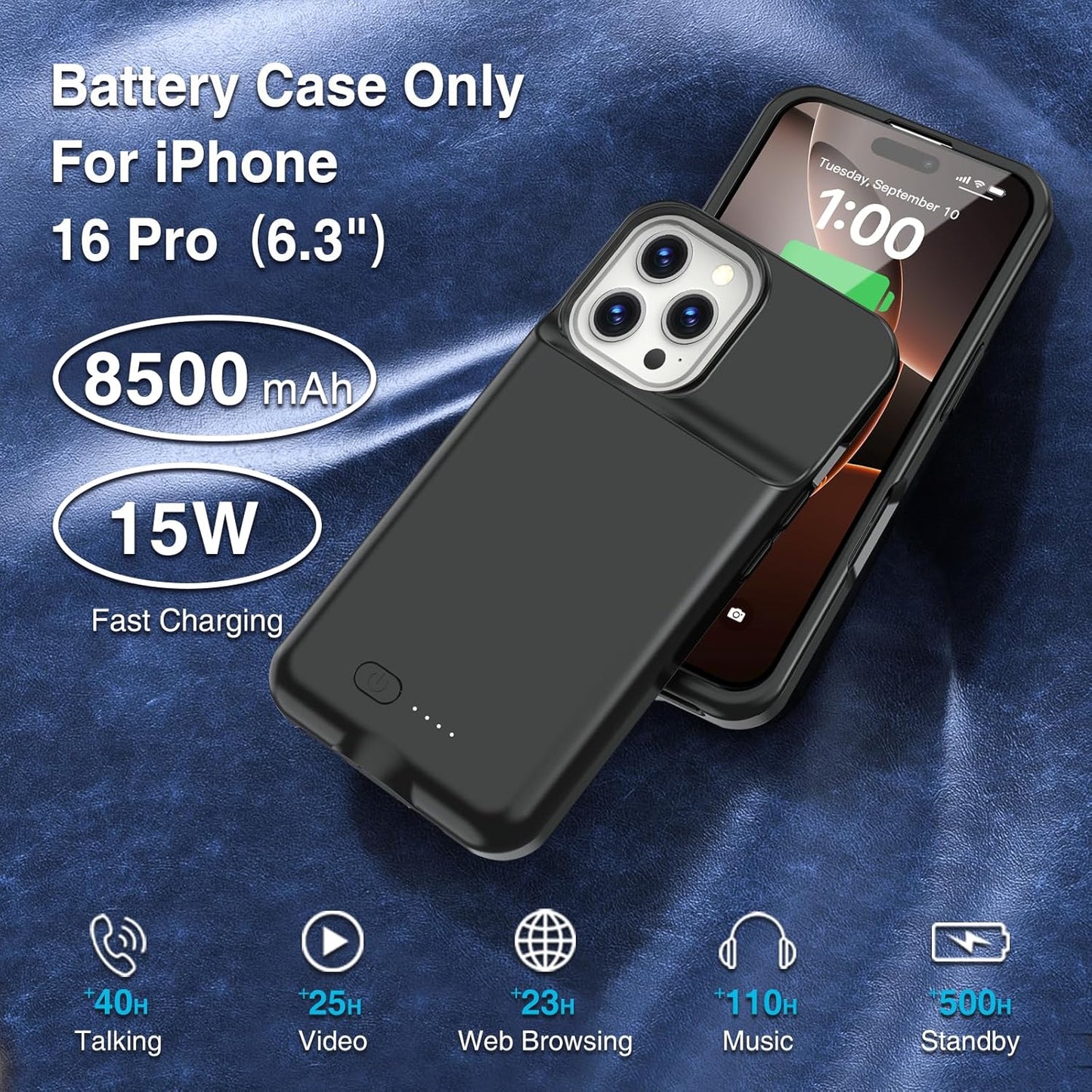 Battery Case for iPhone 16 Pro, 15W Fast Charging Case Charger 8500mAh Ultra-Slim Lightweight Powerful Battery Pack Rechargeable Anti-Fall TPU Juice Box for iPhone 16 Pro Charging Case(6.3") Black