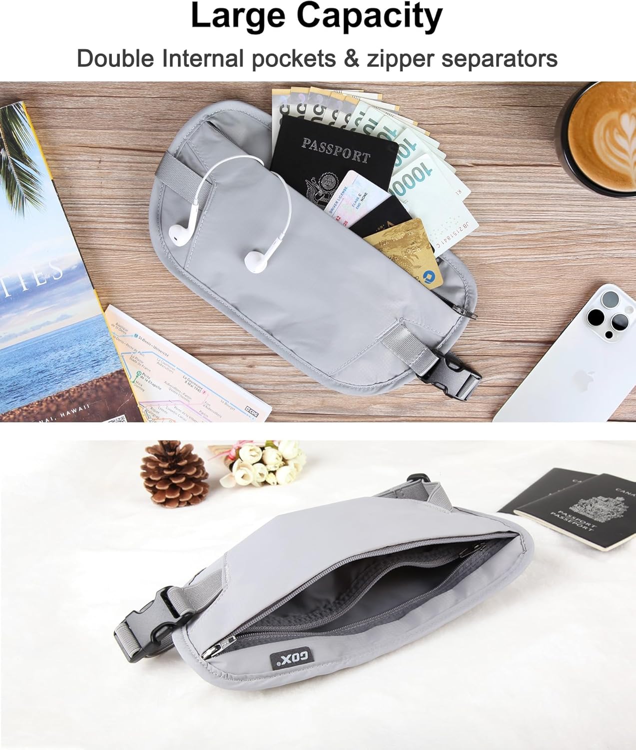 RFID Blocking Money Belt - Slim Under Cloth Passport Holder & Travel Wallet | Secure Hidden Fanny Pack for Men Women (Grey-L)