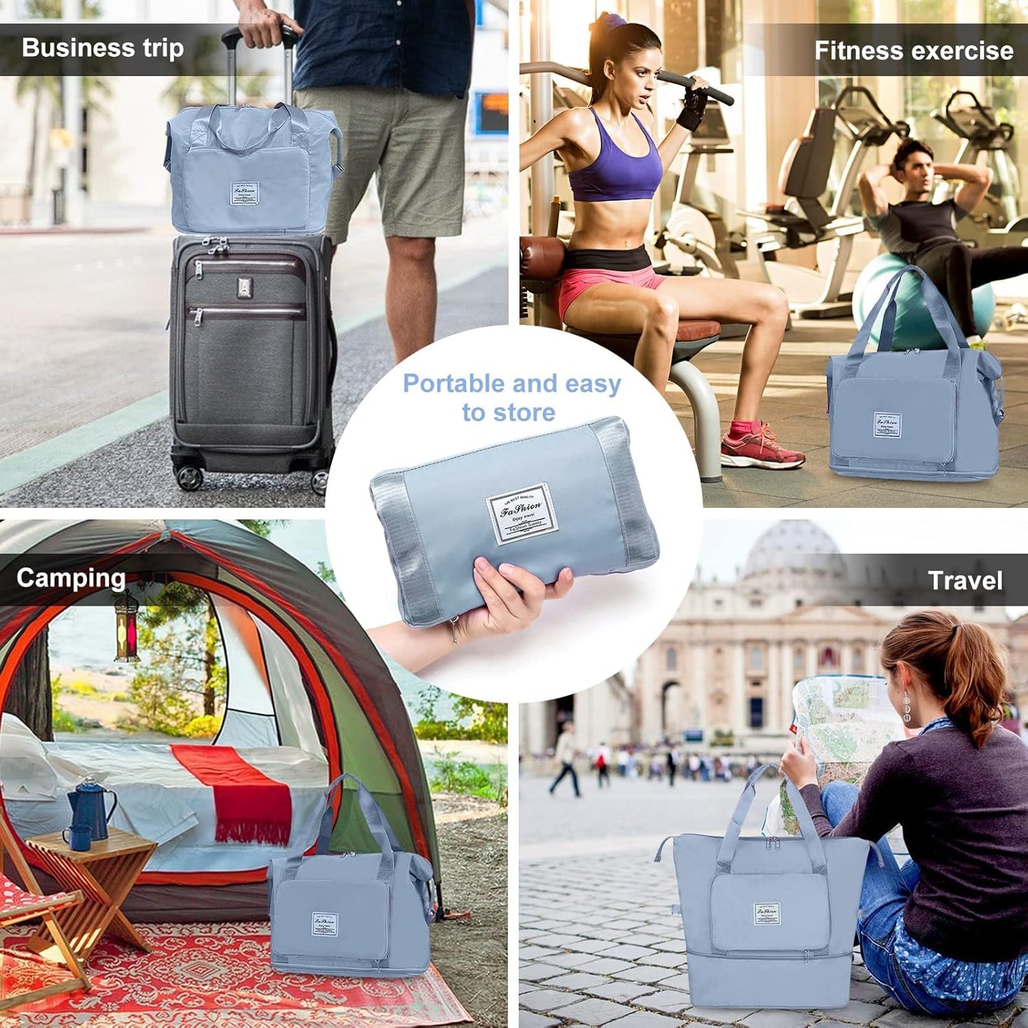 Large Capacity Folding Travel Tote Bag, Oxford Fabric Waterproof Lightweight Foldable Travel Duffel Bag, Portable Expandable Travel Bag, Dry and Wet Separation Carry On Bag for Airplanes