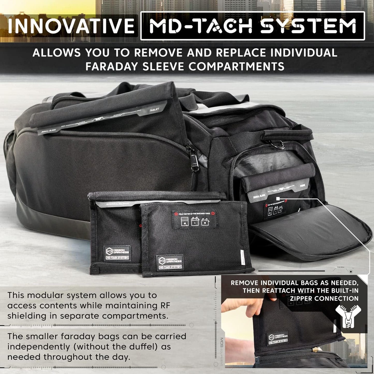 Mission Darkness Disconnect Faraday Duffel Bag + 4 Detachable Faraday Pockets // Military-Grade RF Shielding for Large Electronics & Mobile Devices // Travel Protection Signal Isolation Data Privacy