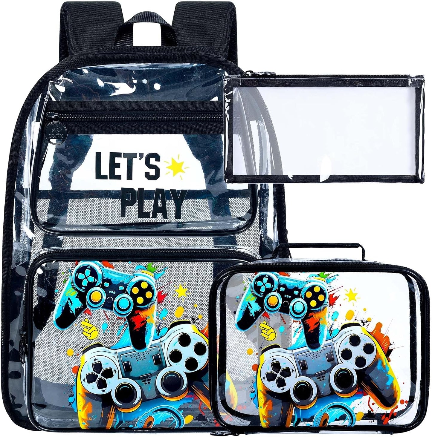 UFNDC 3PCS Clear Backpack for Girls and Boys, Unicorn Cat Transparent Bookbag, See Through School Bag for Kids Elementary