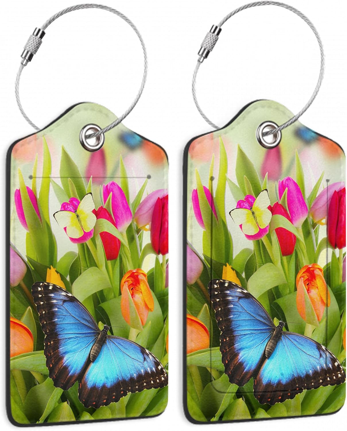 Blue Butterfly Luggage Tag,Tulip Flowers Luggage Tags of Set 2 Leather Identifiers Privacy Cover with Stainless Steel Loop for Women Men Travel Bag Suitcase