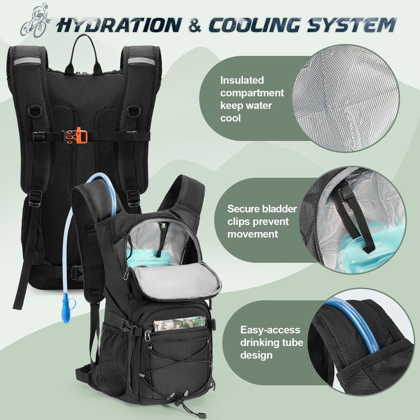 RAINSMORE Hydration Backpack with 2L Water Bladder, 15L Lightweight Hiking Backpack for Women & Men