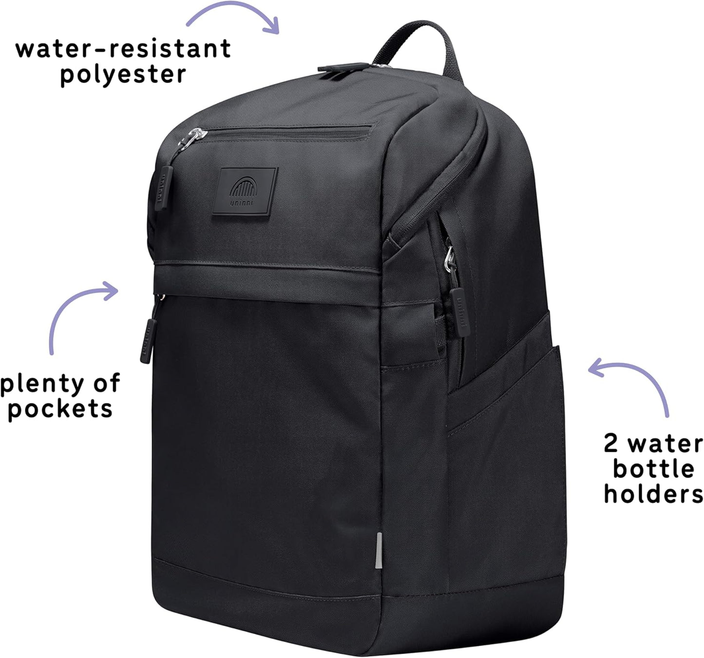 uninni 16” student backpacks, Age 8+ & Adults with Padded, and Adjustable Shoulder Straps, Laptop compartment. (Black)