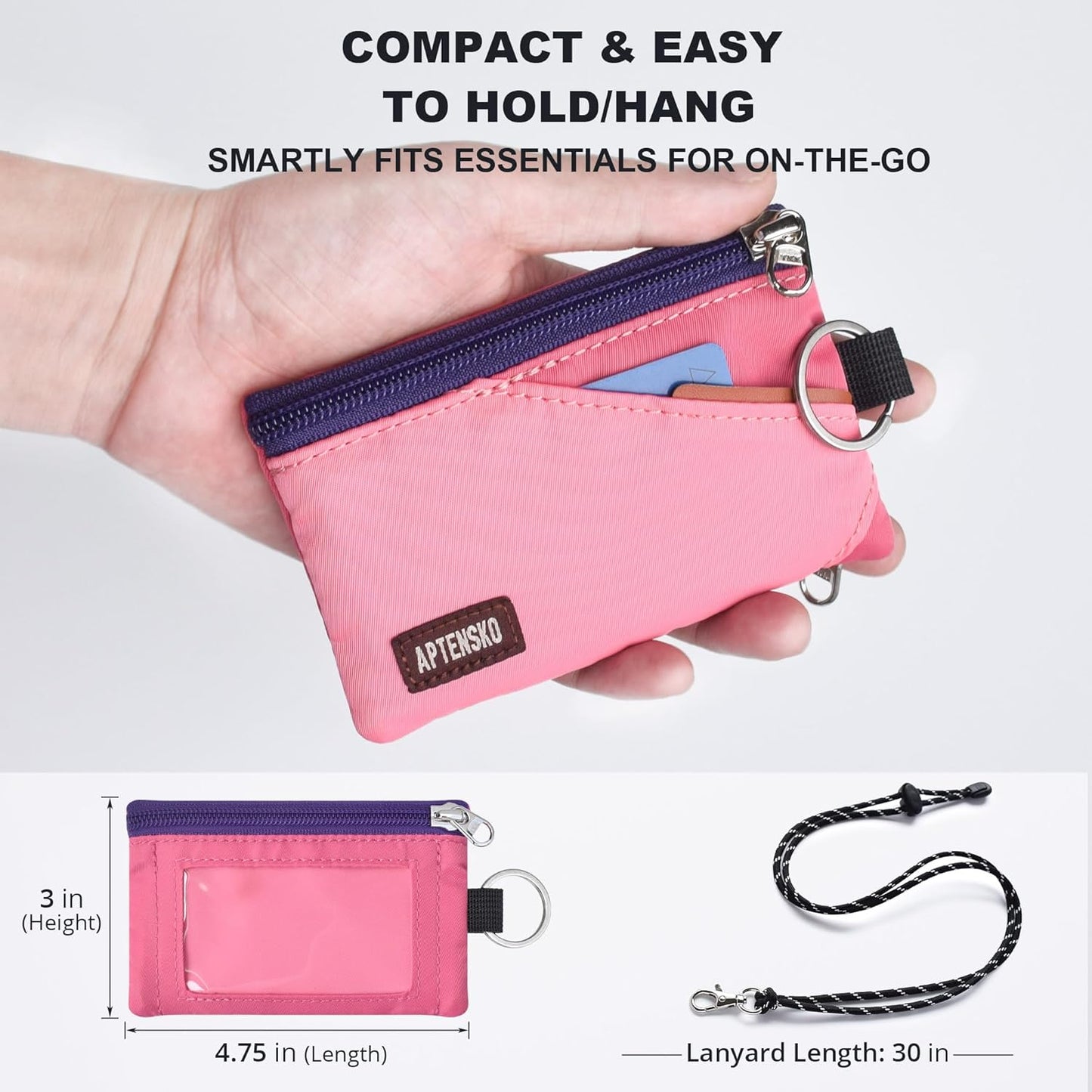 RFID Travel Wallet with Adjustable Lanyard-Zipper Small Wallet with ID Card Holder, Keychain for women&men-Minimalist Slim Waterproof Nylon case for ID, Cash, Key (Pink+RosePink)