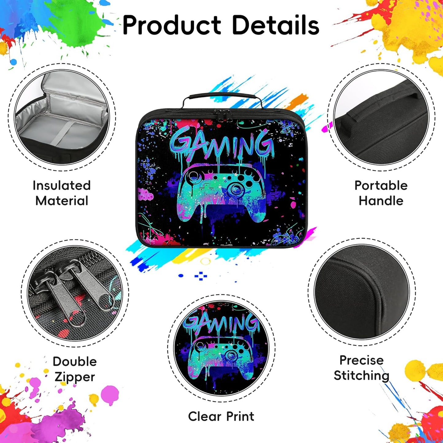 Gamer Lunch Box for Boys, Insulated Reusable Video Game Lunch Bag Portable Waterproof Leakproof Gaming Lunch Tote Bag Game boy Lunch Box for School Picnic Travel Back to School Gifts