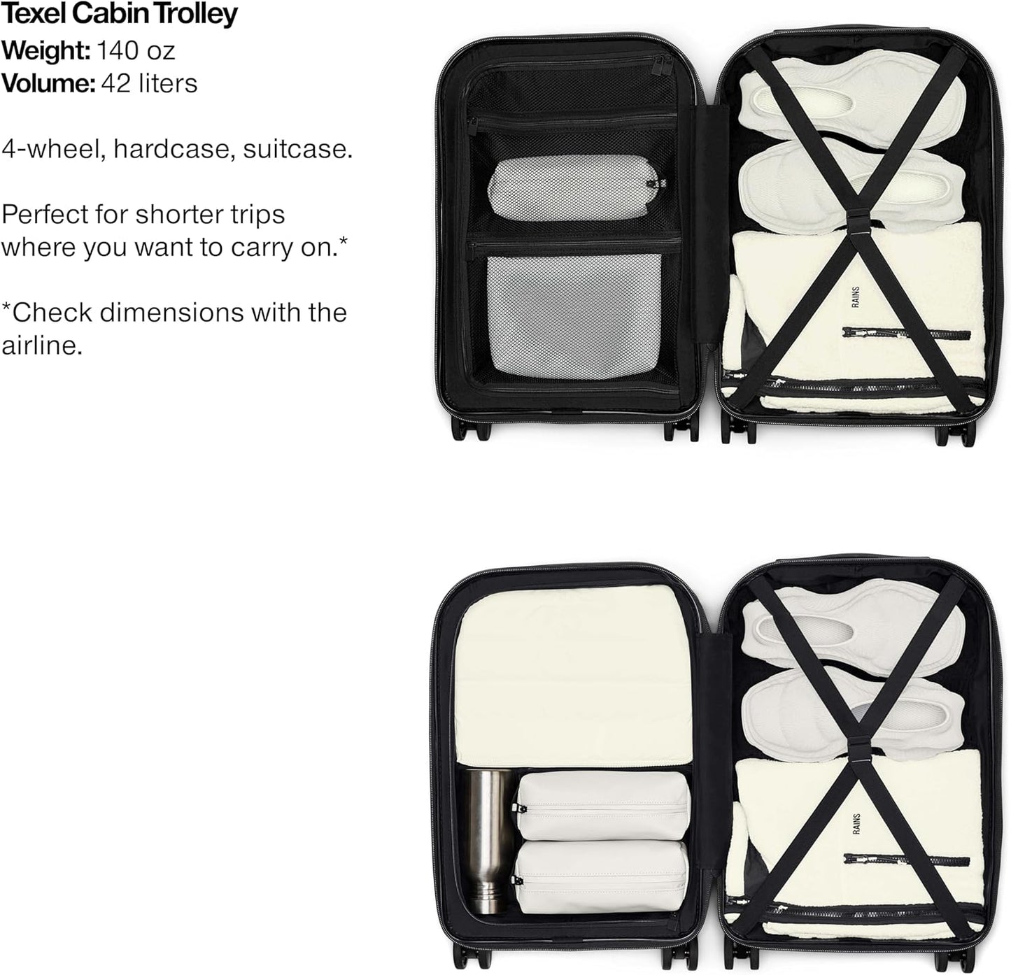RAINS Texel Cabin Trolley, Carry On Suitcase with Spinner Wheels - Waterproof 2 Year Warranty - Lightweight, Durable Travel Luggage