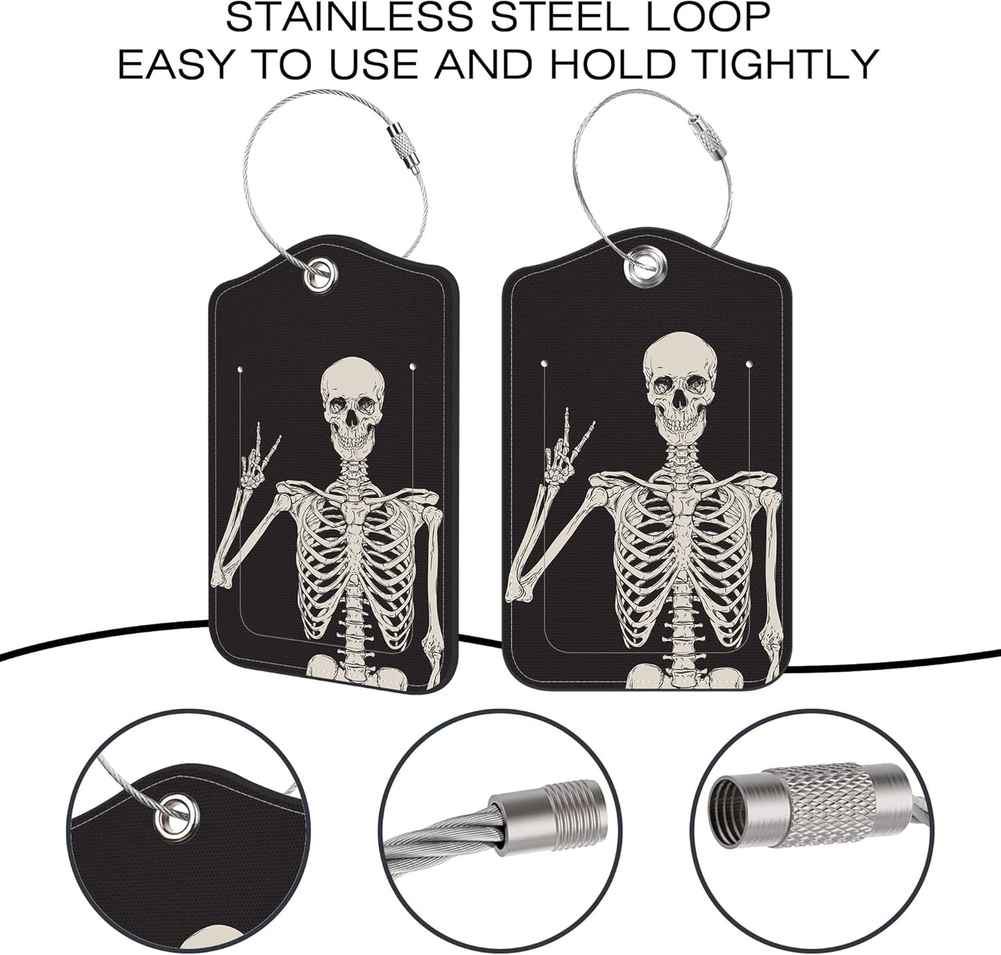 2 Pack Luggage Tags for Suitcase,Human Skeleton PU Leather Idea Baggage Tag with Name Labels Privacy Cover Metal Ring Men and Women Travel Cruise Labels