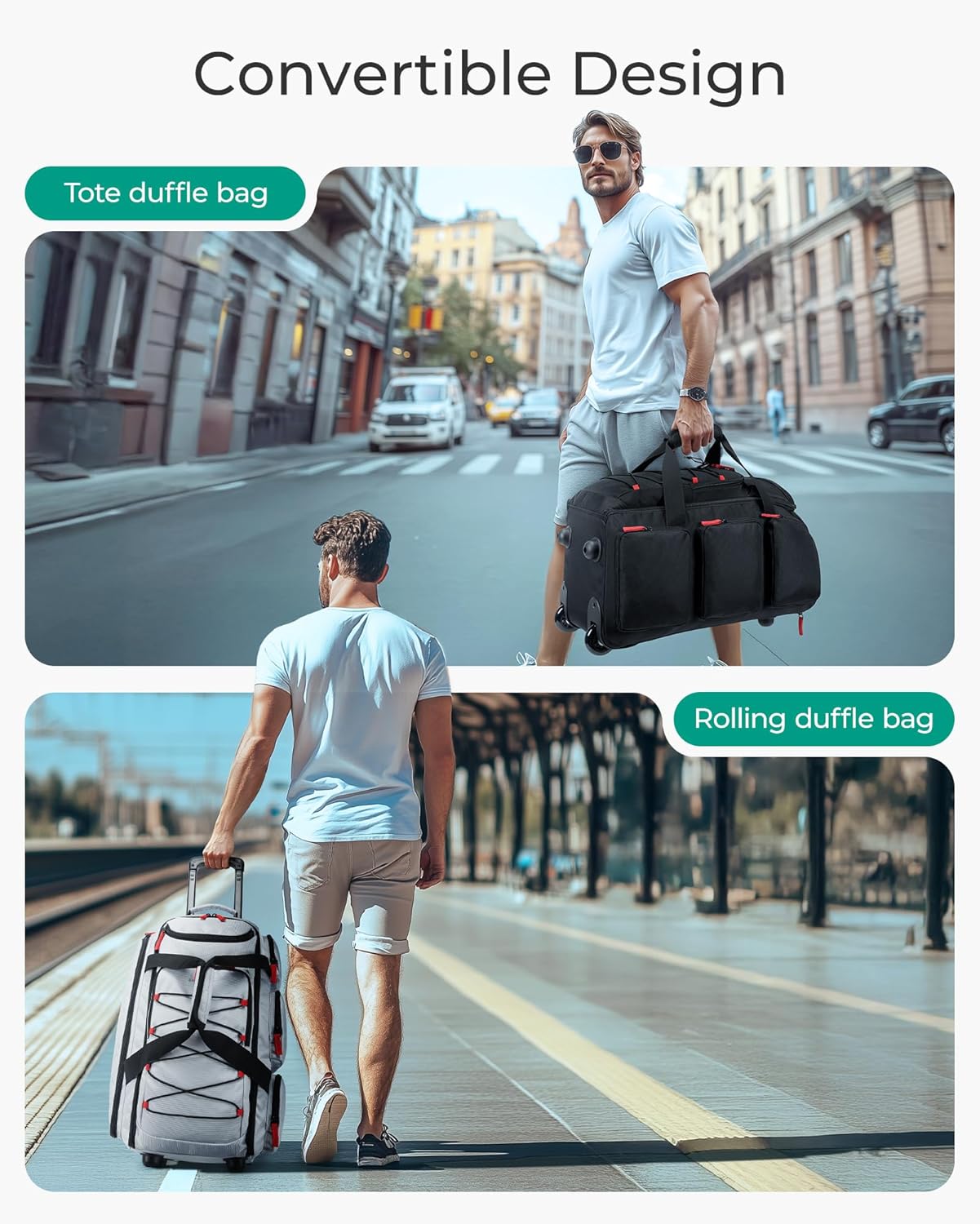 BAGSMART Rolling Duffle Bag with Wheels, 36L Travel Bag with Water-proof Pockets, Airline-Approved Carry On Duffel Bag with Handle, Grey