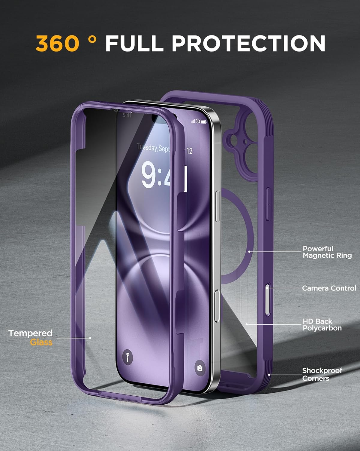 Miracase for iPhone 16 Case 6.1'', [Bubble Free] Full-Body Bumper Phone case with Built-in Full Glass Screen &Lens Protector,No Gap,Compatible with MagSafe,Drop Proof 16 Cover,Purple